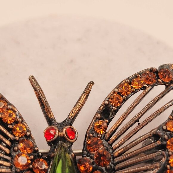 Vintage  Weiss Bronze Butterfly Brooch With Amber & Green Rhinestones - Picture 9 of 10